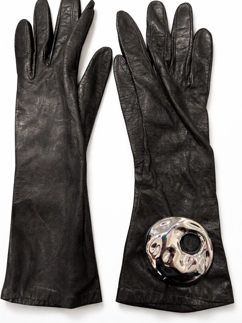 Black Leather Long Gloves with Silver Disc Accent